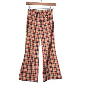 70s TOUGHSKINS Plaid Flare Pants Growing Girl 12 Slim Vintage Yellow Red‎